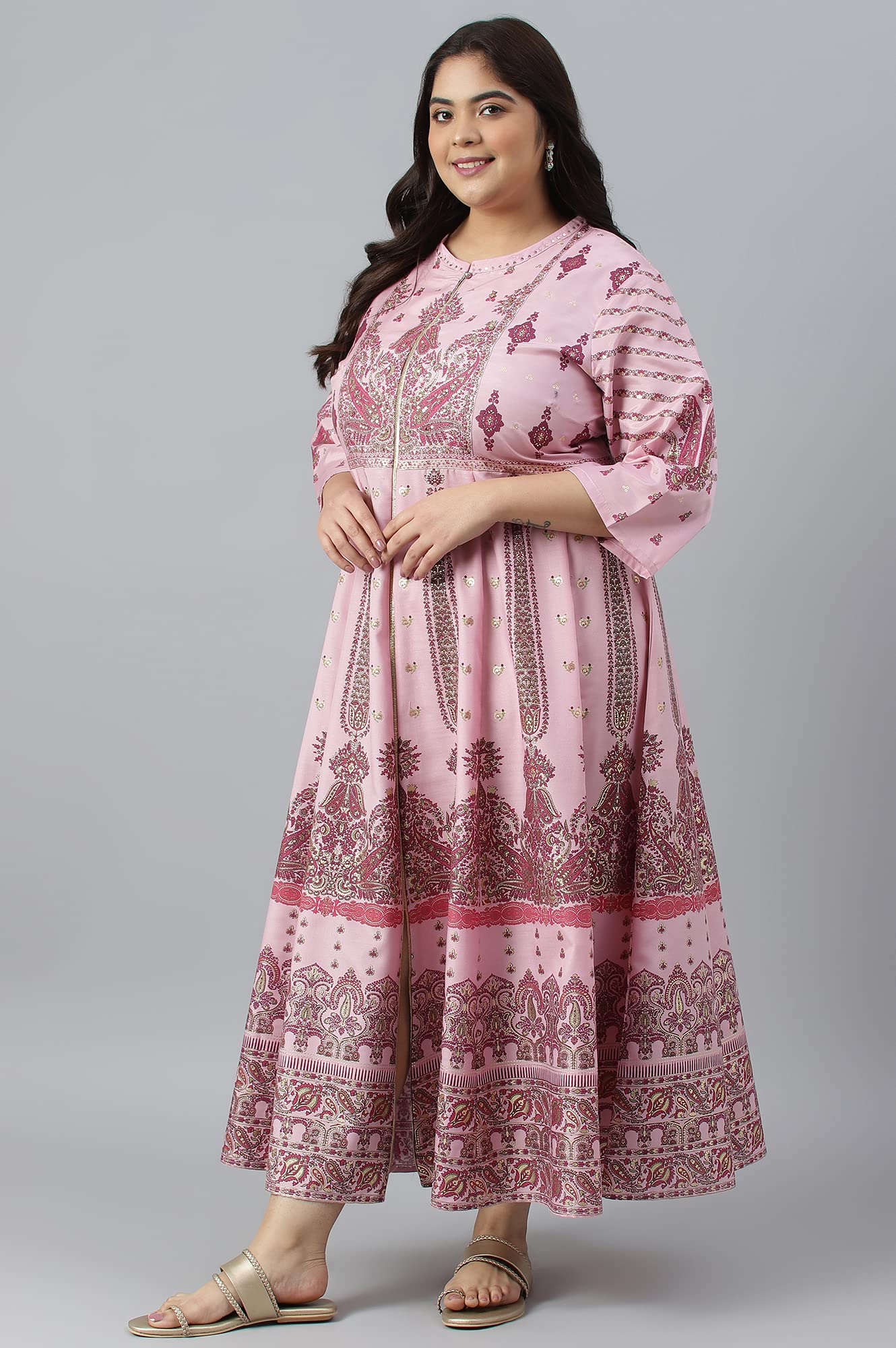 W For Woman WomenS Polyester Plus Size Cameo Pink Floral Printed Festive Dress Ankle Length 22Auw18271G-119052