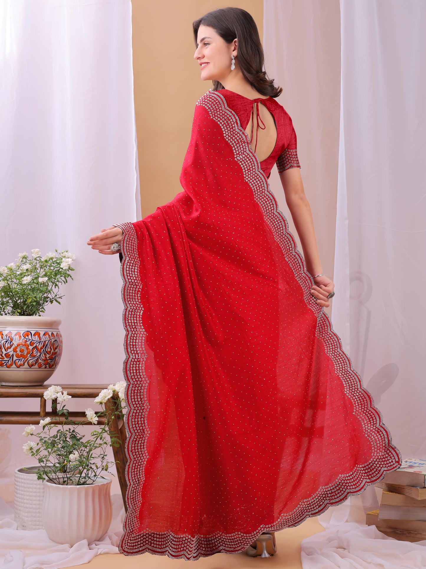 Dhyey Fashion WomenS Chiffon Saree With Unstitched Blouse Piece With Stone Work And Sparkle | Sari For Women Chiffon Saree | Sp