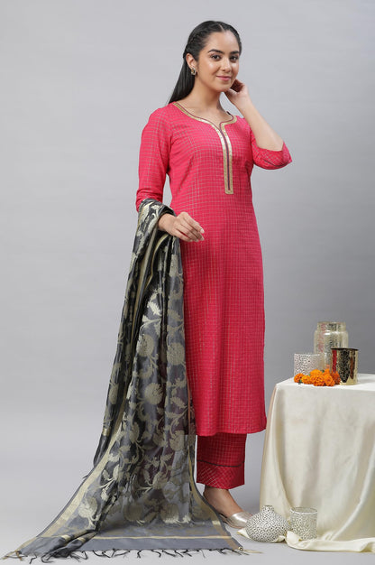 Aurelia Pink Checked Cotton Lace Kurta Dupatta Bottomwear Set