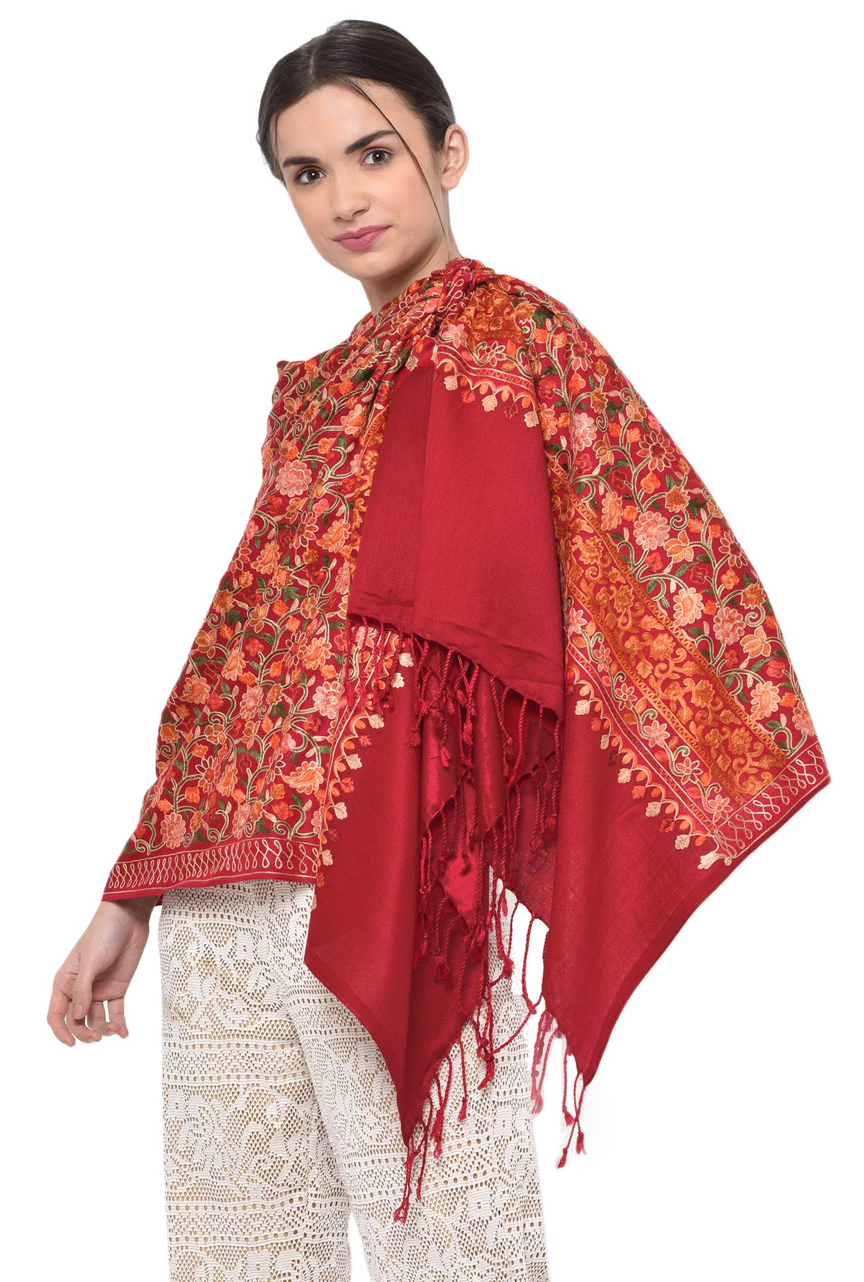 Weavers Villa Womens Kashmiri Aari Embroided Cashmilon Woven Stoles, Shawls, Wraps, 75cm X 200cm