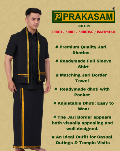 Prakasam Cotton Mens Flexi Readymade Black Jari Border Dhoti + Half Sleeve Black Shirt + Matching Black Jari Border Towel
