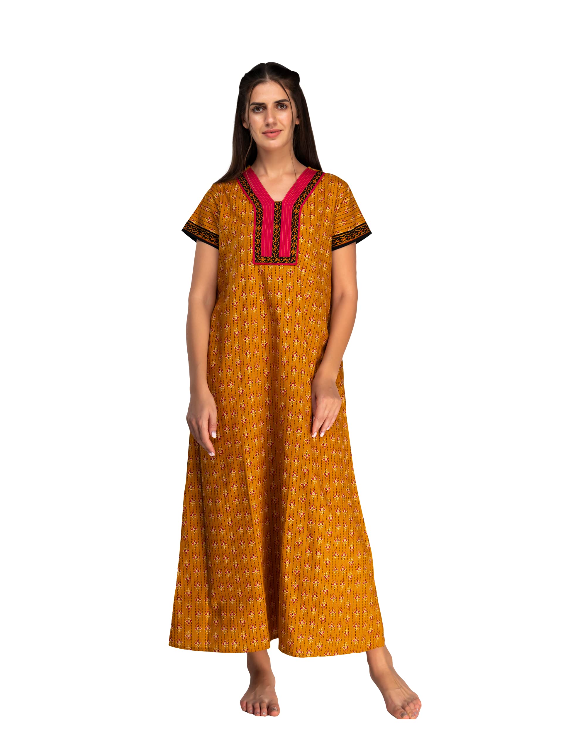 Evolove WomenS Cotton Long Maxi Night Gown Nighty Dress With Pocket, Super Soft Comfortable (Dark Mustard Black & Red, Lngco165