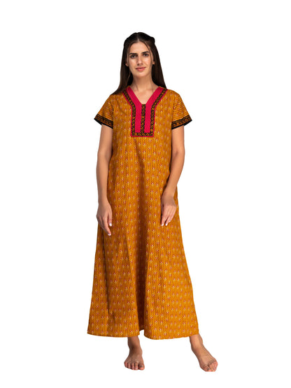 Evolove WomenS Cotton Long Maxi Night Gown Nighty Dress With Pocket, Super Soft Comfortable (Dark Mustard Black & Red, Lngco165