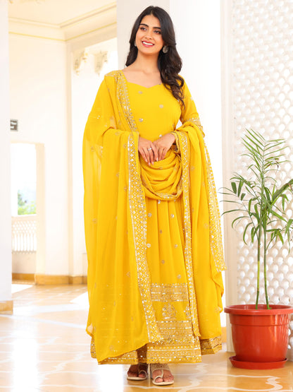 Fashion Basket Georegtte Anarkali Long Dress For Women Yellow