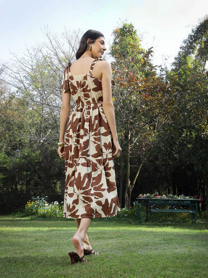 Stylum Womens Floral Printed Cotton A-Line Dress Brown