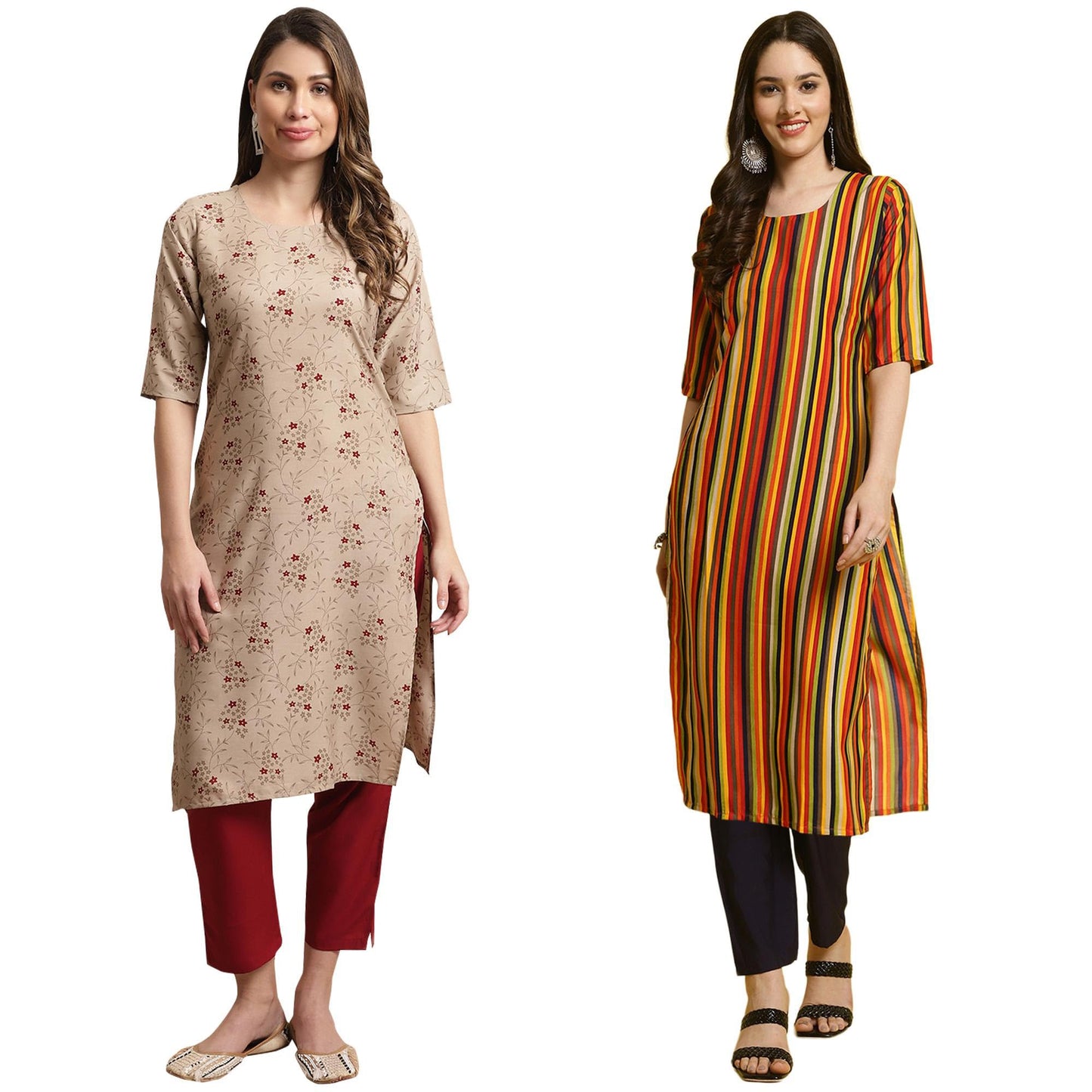 Pinkmint Printed Round Neck Kurta Set For Women Ll Kurti & Pant Set For Women Ll Regular Fit Kurta Set (Pack Of 2)