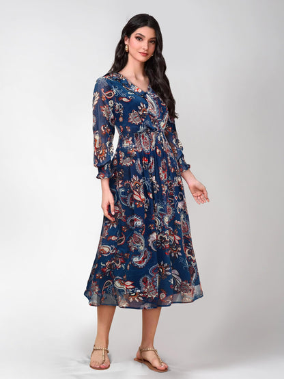 Toochki Navy Blue Georgette Paisley Print Fit & Flared Kurti Kurta Dress For Women A Line Suitable In Summer Latest Trendy Styli