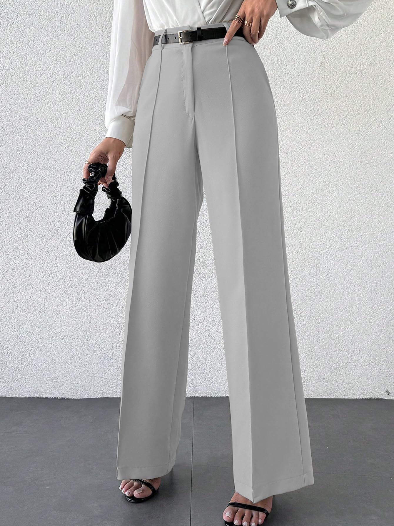 Shasmi Womens Solid Light Grey Color High Waist, Wide Straight-Leg Loose Fit, Front Button Closure, Simple Daily Casual Long Pa