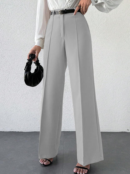 Shasmi Womens Solid Light Grey Color High Waist, Wide Straight-Leg Loose Fit, Front Button Closure, Simple Daily Casual Long Pa
