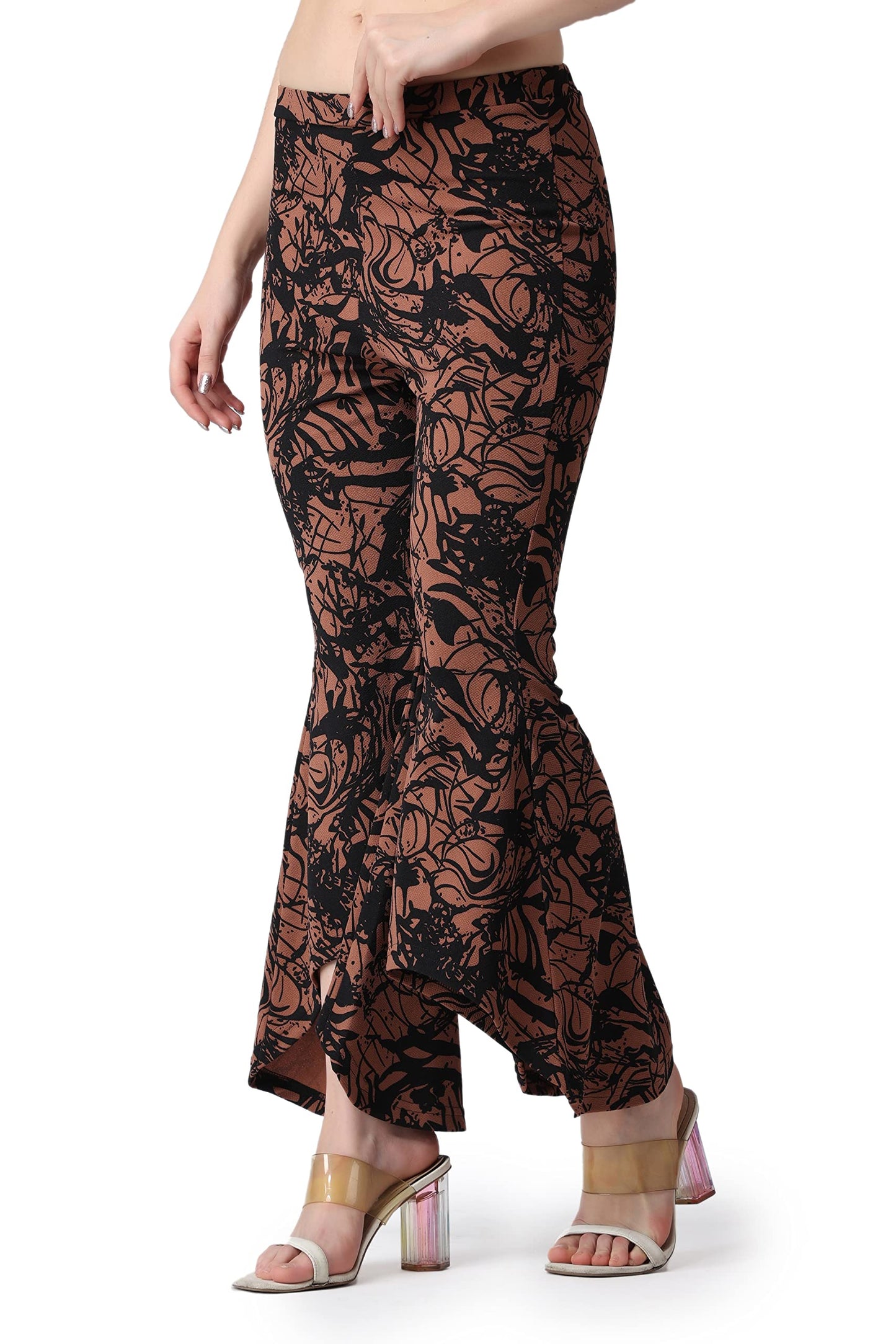 POPWINGS Casual Marble Print Bell Bottom Trousers for Women || Flare Fit Women Trousers for Summer || Stylish Western Regular Fi