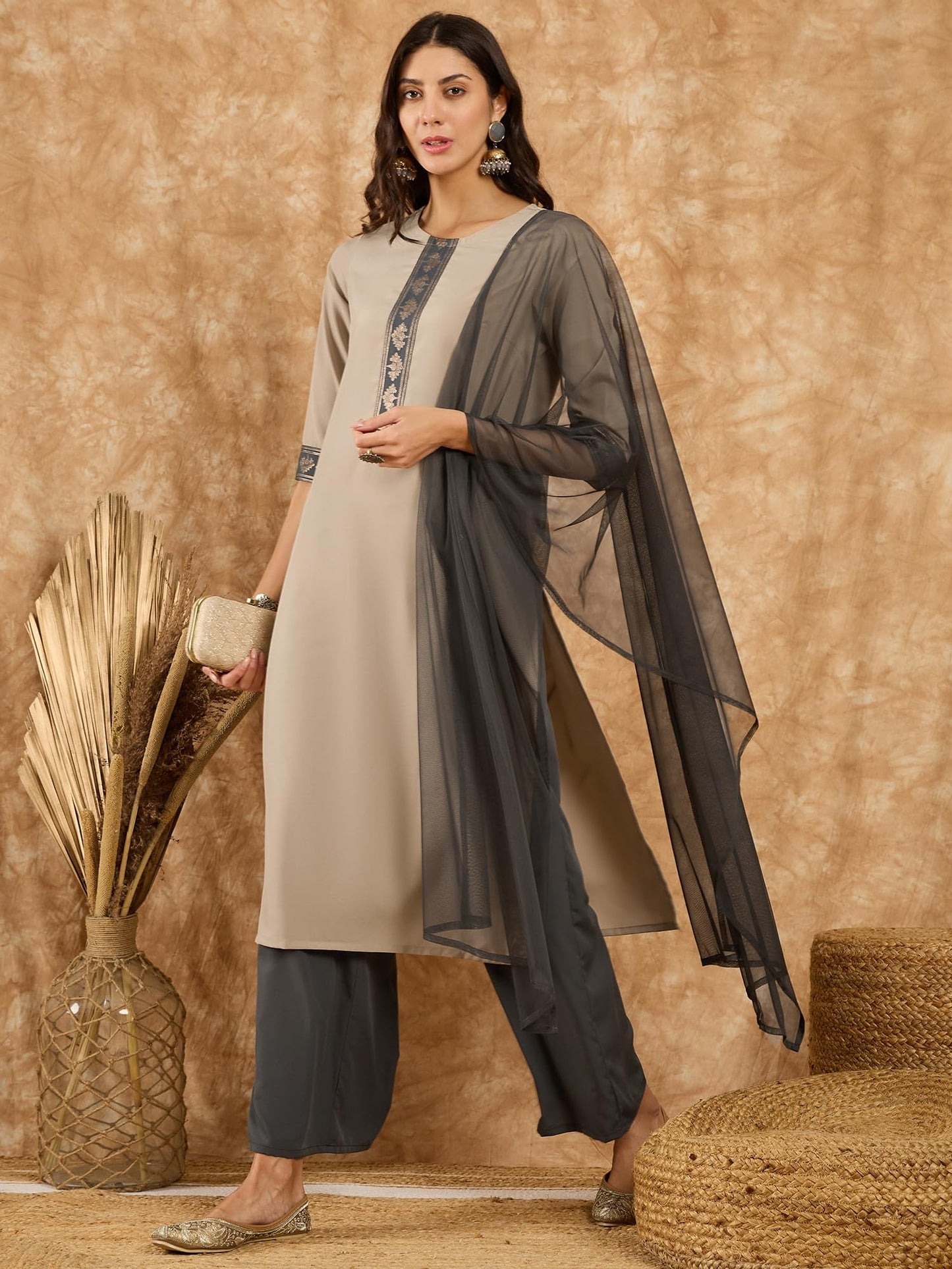ZIYAA Women's Beige Crepe Kurta,Palazzo Set with Dupatta