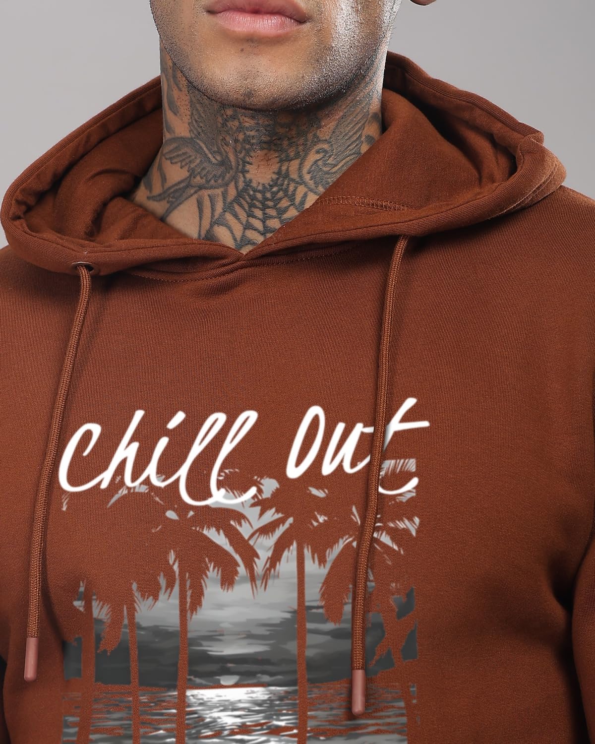 ADRO Men's Cotton Neck Hooded Sweatshirt (H24-CHILL-BR_Downtown Brown