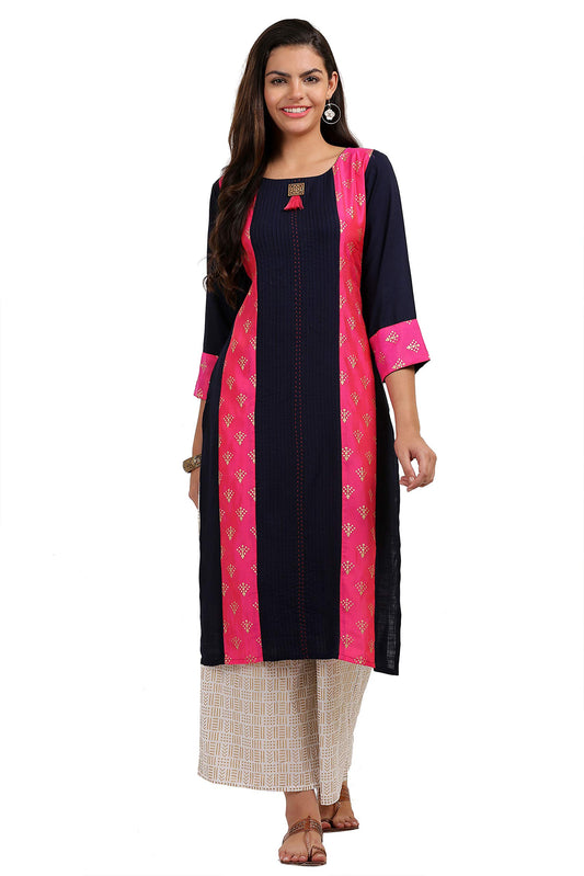 ANNI DESIGNER Women's Black Color Rayon Fancy Long Thread Work Kurti(KUR190072_Black)