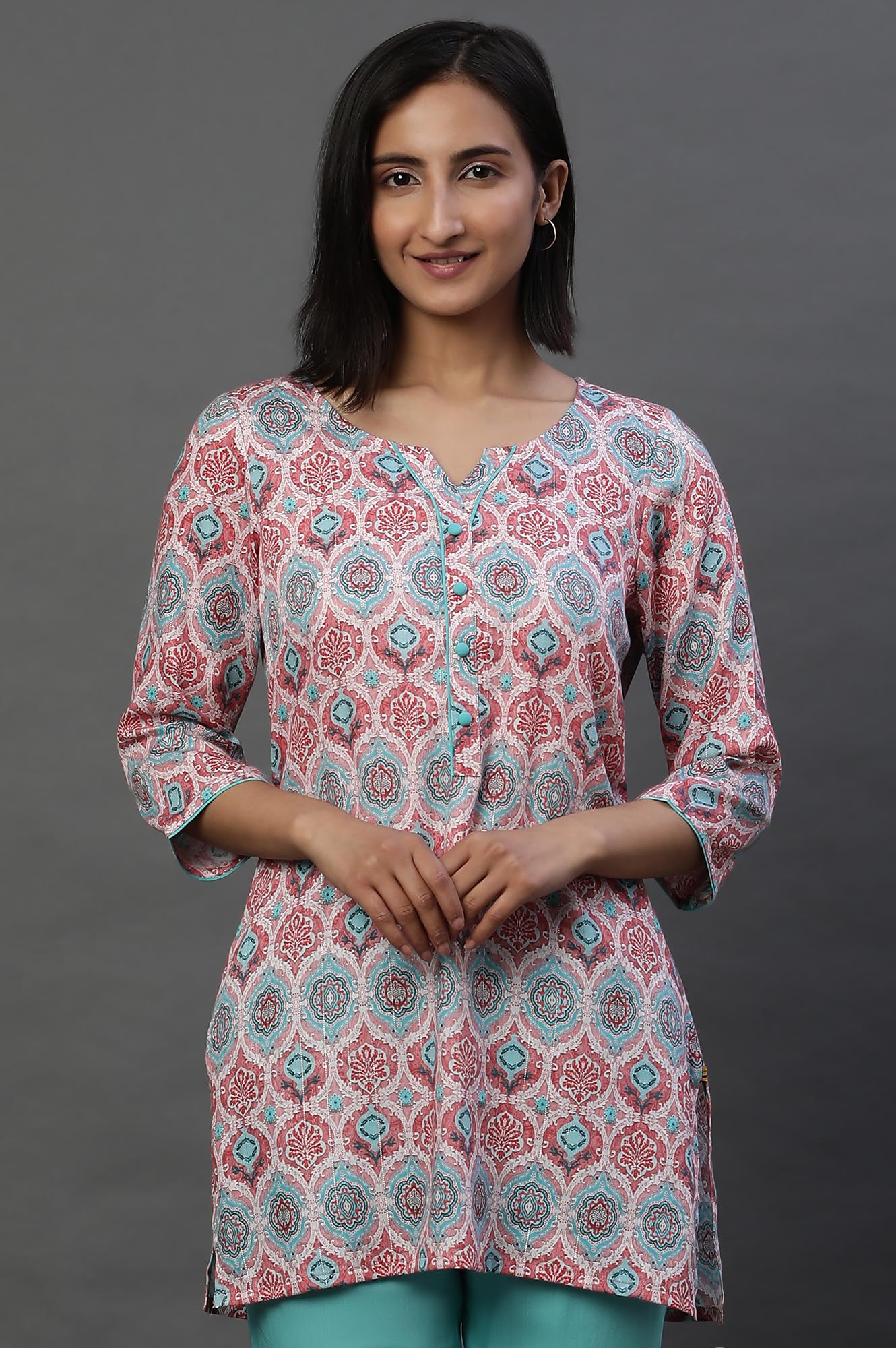 Aurelia WomenS Cotton Floral Regular Kurti (24Fea30415_Pink