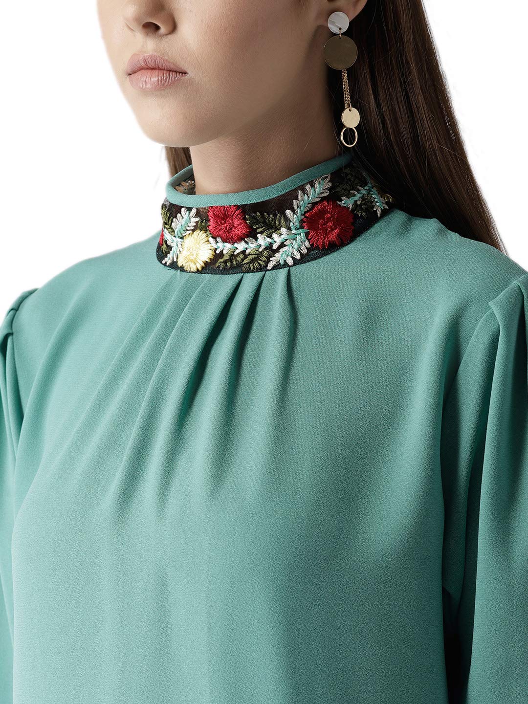 Style Quotient Women Solid Aqua Green Polymoss Embroidered Smart Casual top