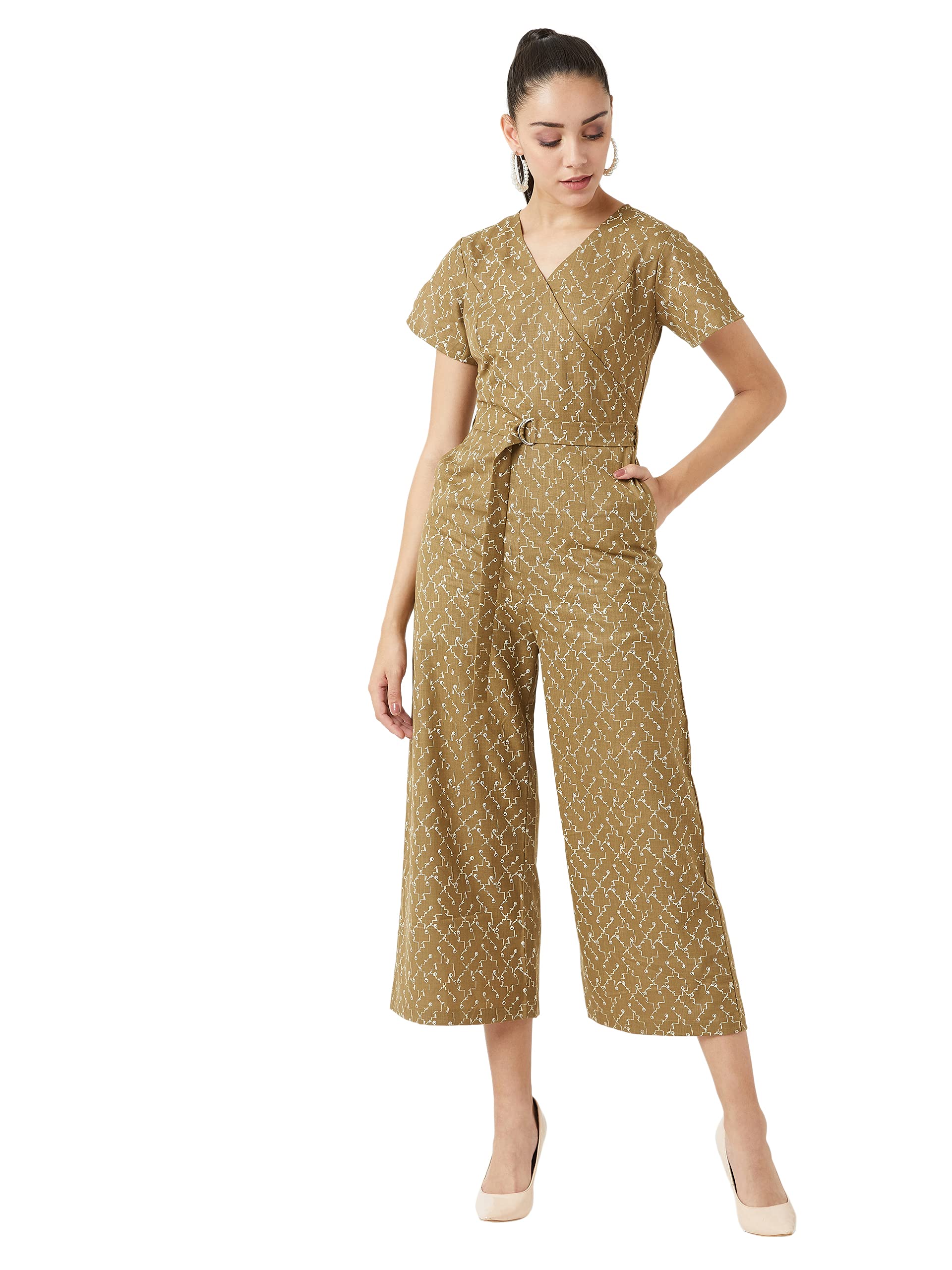 Miss Chase WomenS Multicolor-Base Olive Geen V-Neck Half Sleeves Abstract Wide Leg Jumpsuit (Mcss20D04-59-213-06, Multicolor-Bas