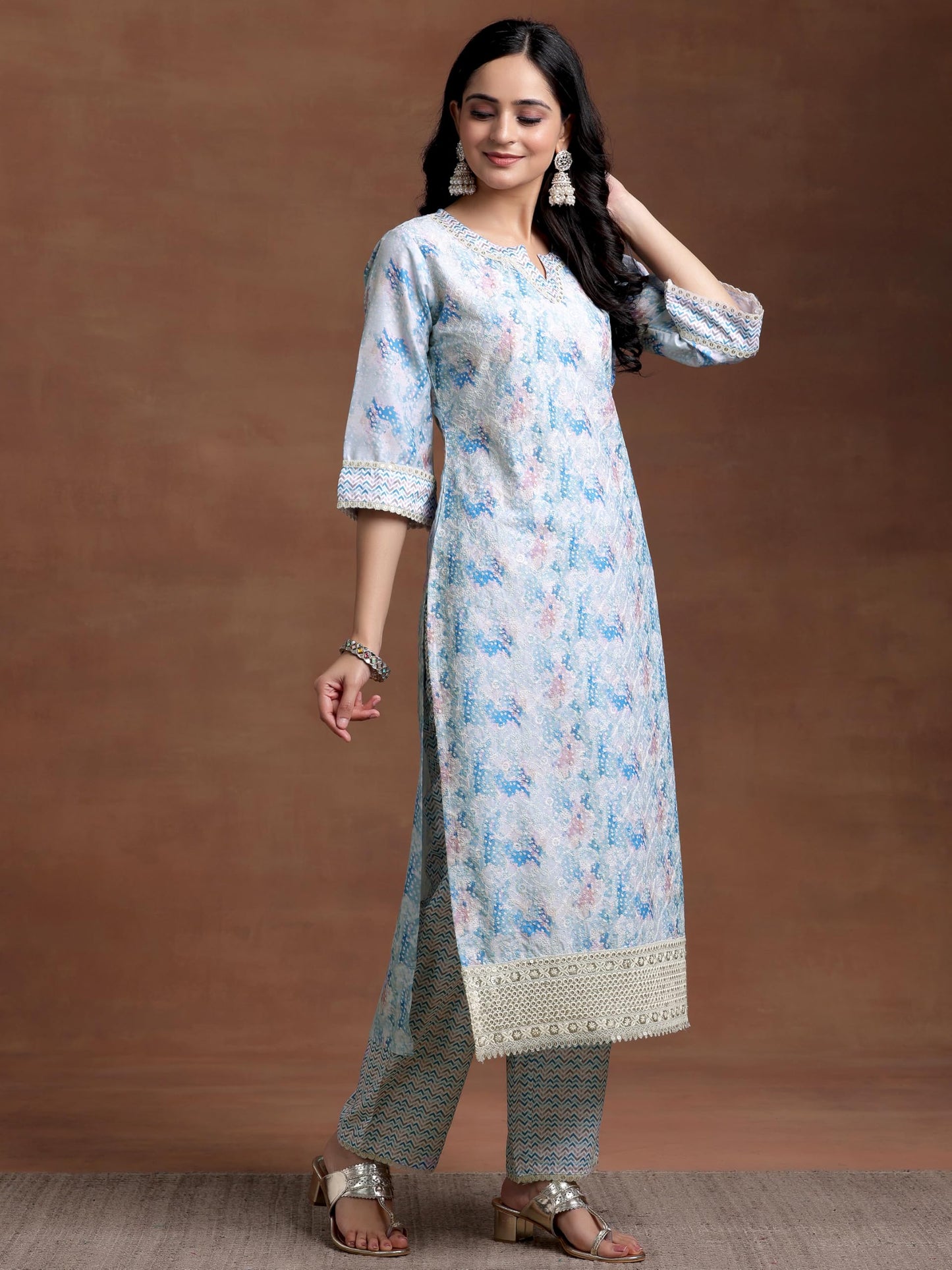 Libas Womens Embroidered Cotton Blend Straight Kurta With Palazzos And Dupatta