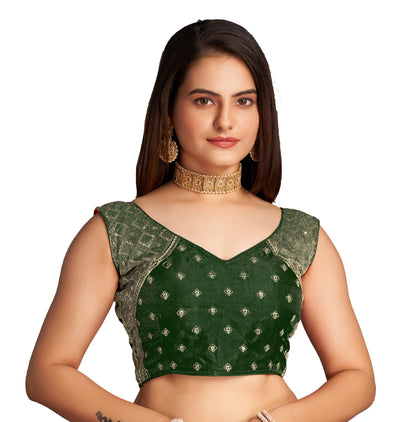 Pujia Mills WomenS Sequin Embroidered V Neck Sleeveless Green Readymade Saree Blouse Indian Ethnic Stitched Padded Blouses For