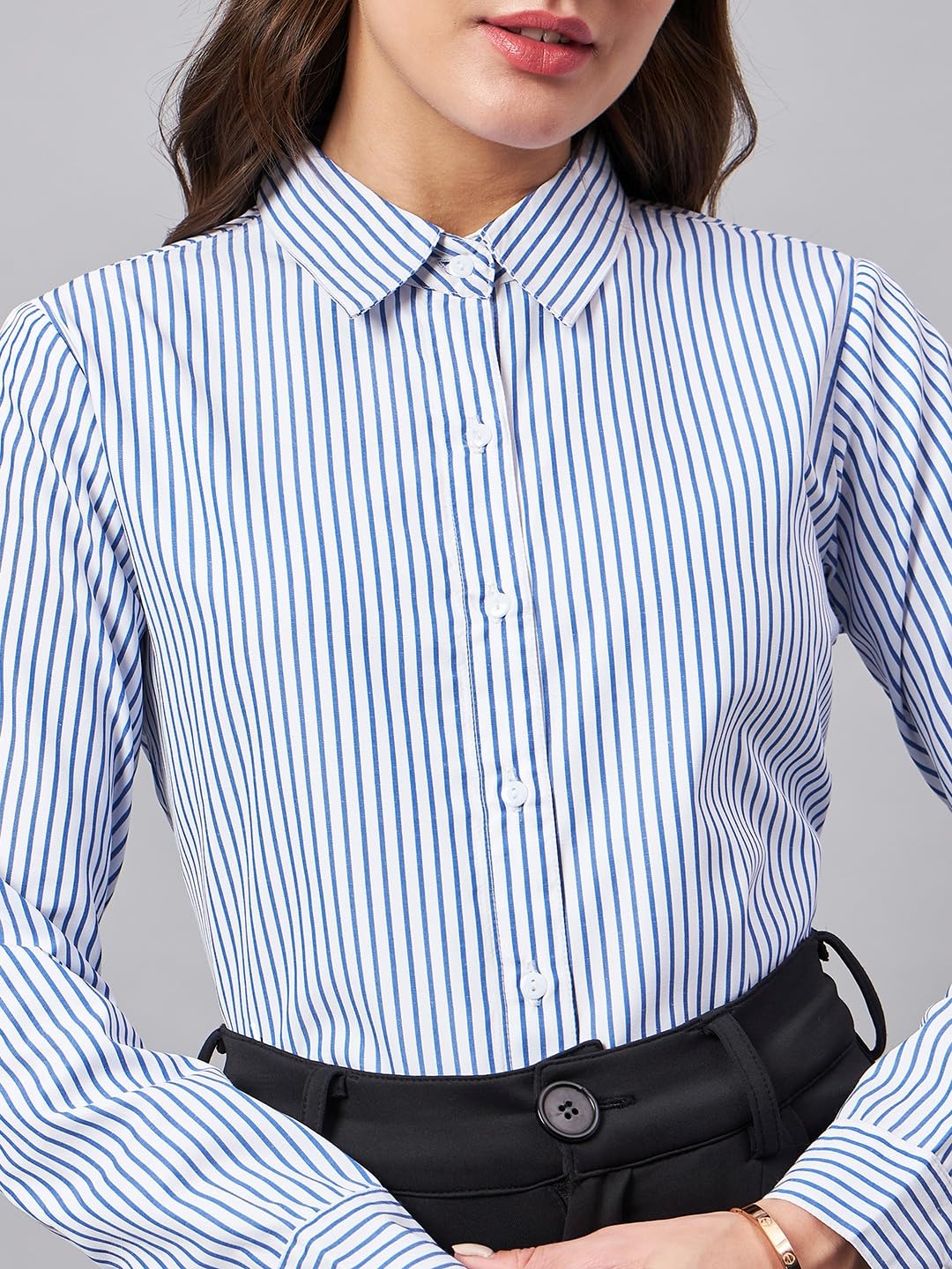Style Quotient Women Blue and White Stripe Polycotton Regular Shirt