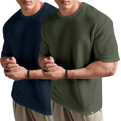 SHODOX Mens Solid Dotted Unique Design Oversized Tshirt for Men - Round Neck Loose Fit Drop Shoulder Mens T-Shirt (Pack of 2)