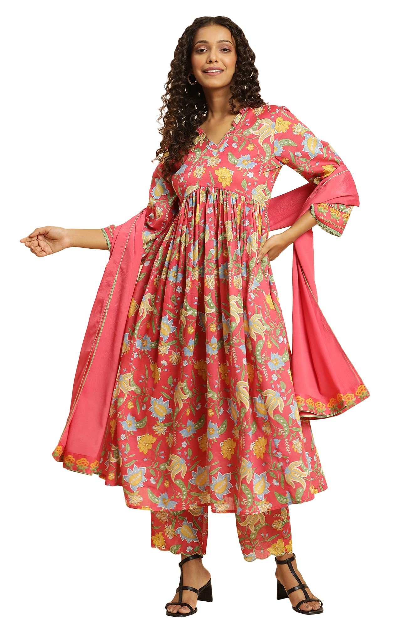 W WomenS Red Floral Printed Cotton Kurta Dupatta Bottomwear With Lace