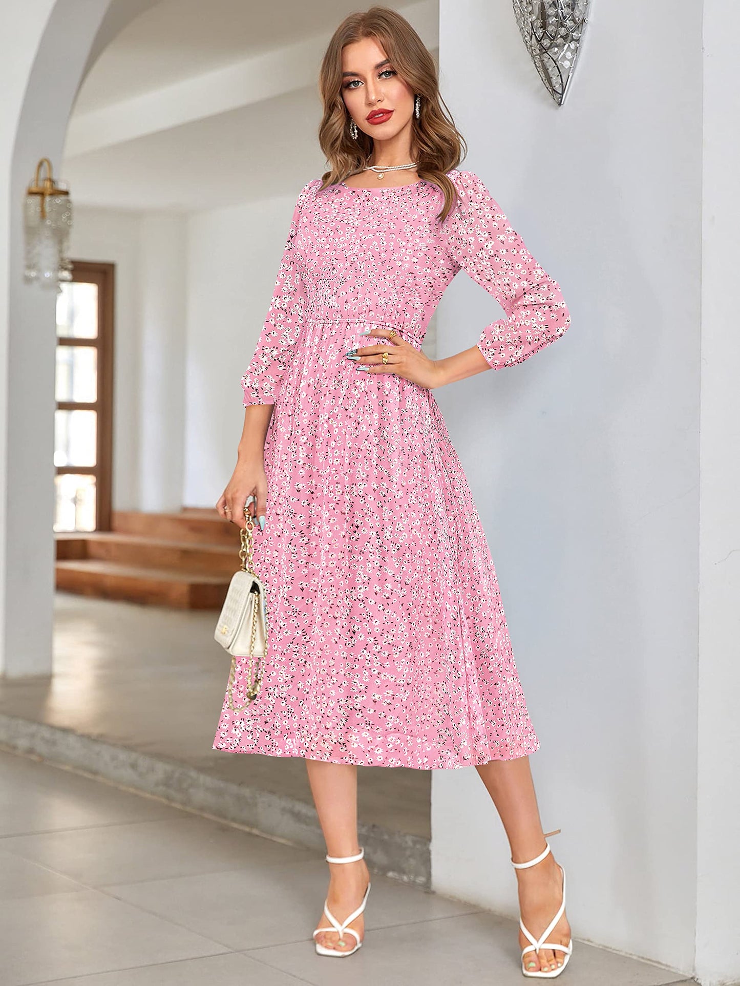 Toochki Pink Georgette Floral Fit & Flared Kurti Kurta Dress For Women A Line Suitable In Summer Trendy Stylish Kurtas