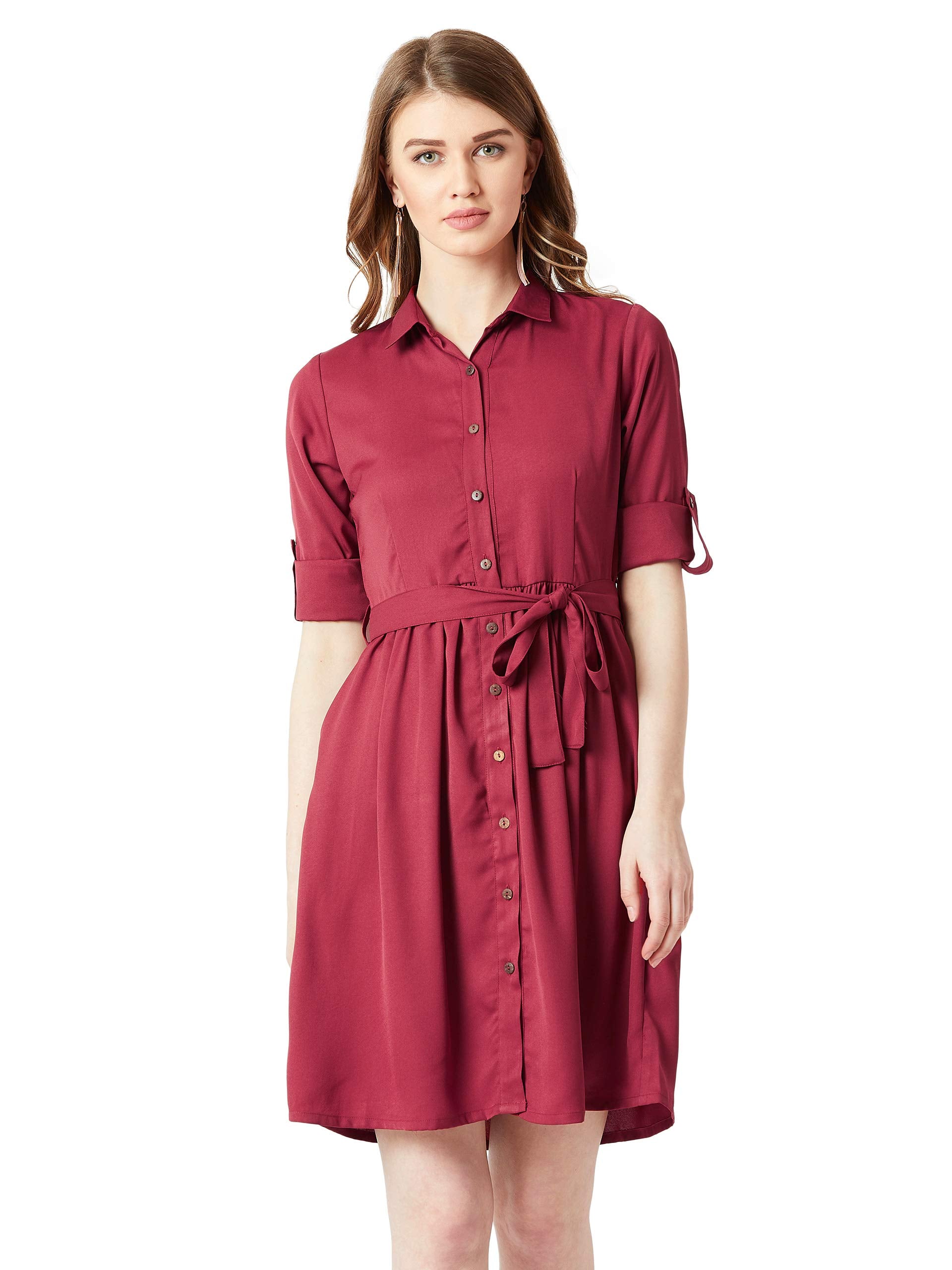 Miss Chase WomenS Maroon Solid Belted Shirt Dress(Mcaw18D12-38-143-05,Maroon,Large)