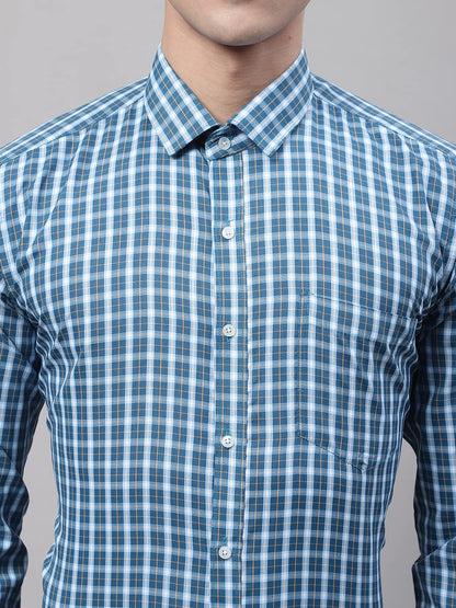 Style Quotient Men Blue and White Checked Polycotton Slim Fit Formal Shirt