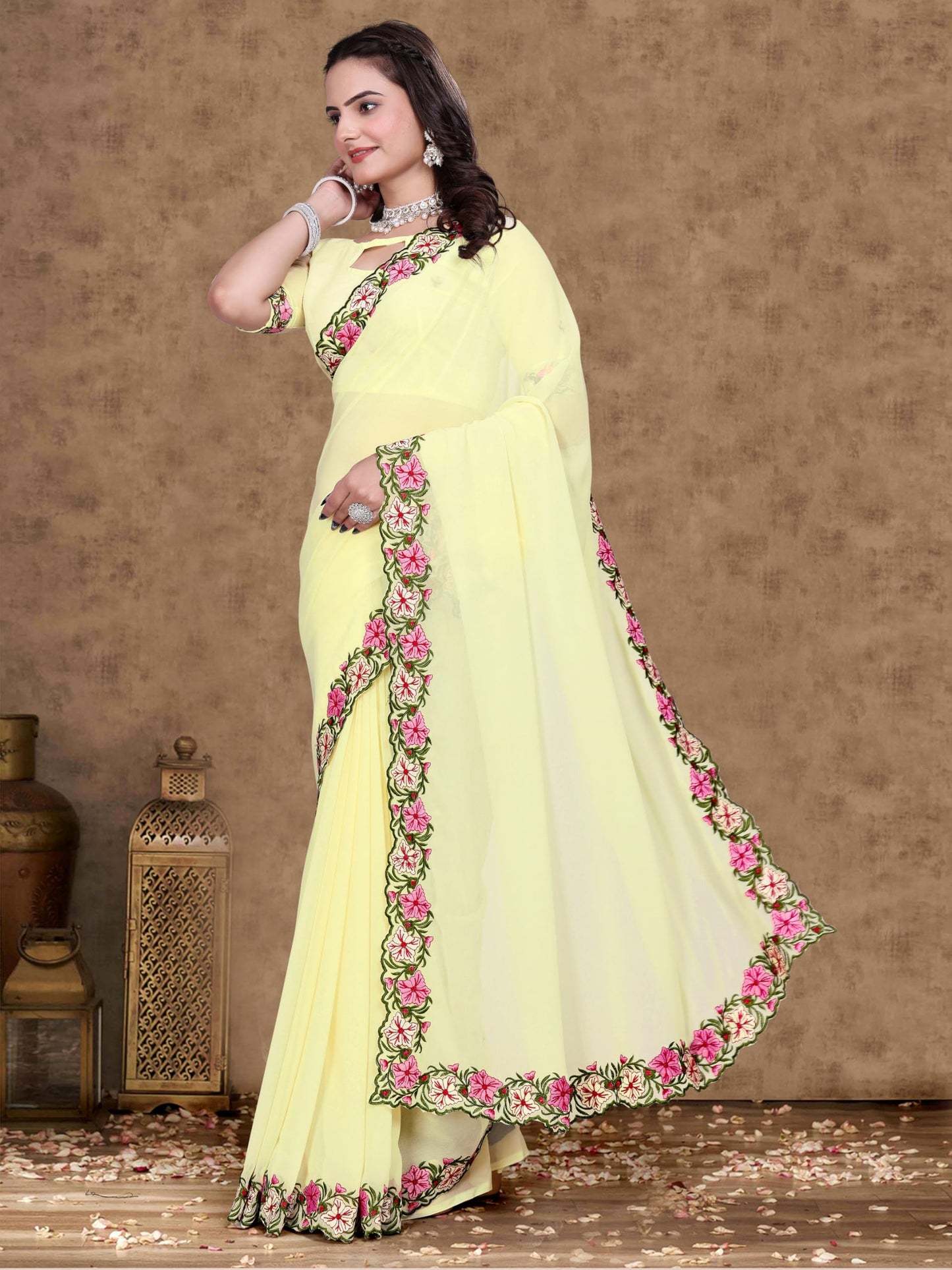 Suketa WomenS Soft Georgette Saree With Floral Printed Border Unstitched Blouse Piece Solid Pattern | Saree For Woman Daily Wear