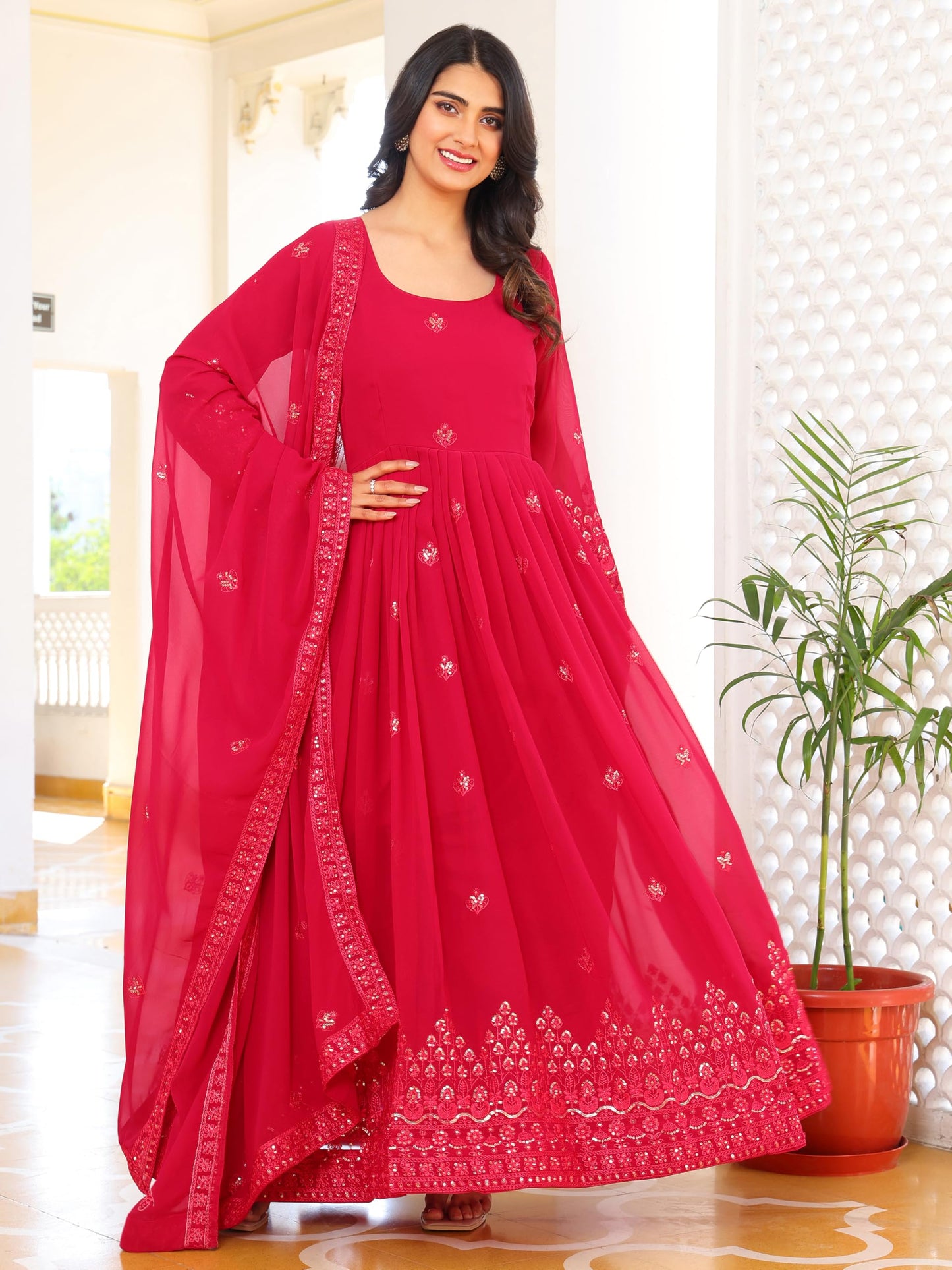 Fashion Basket Georgette Anarkali Kurta Set For Women Pink