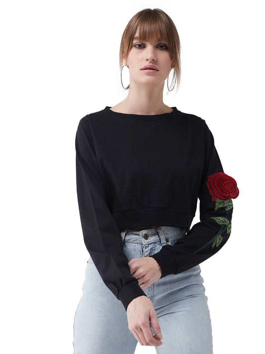 Miss Chase Womens Round Neck Full Sleeve Solid Cotton Top (MCSS25TP98-23-381-05, Midnight Black, L)