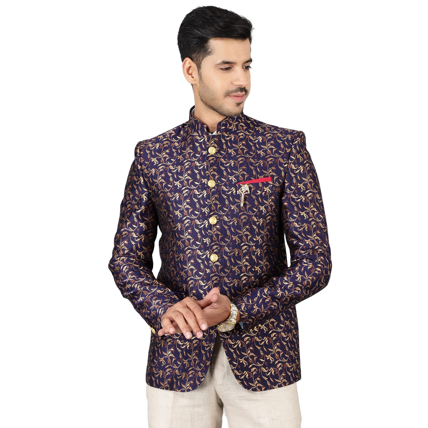 WINTAGE Mens Banarasi Rayon Cotton Festive and Casual Bandhgala Jodhpuri Blazer :Red