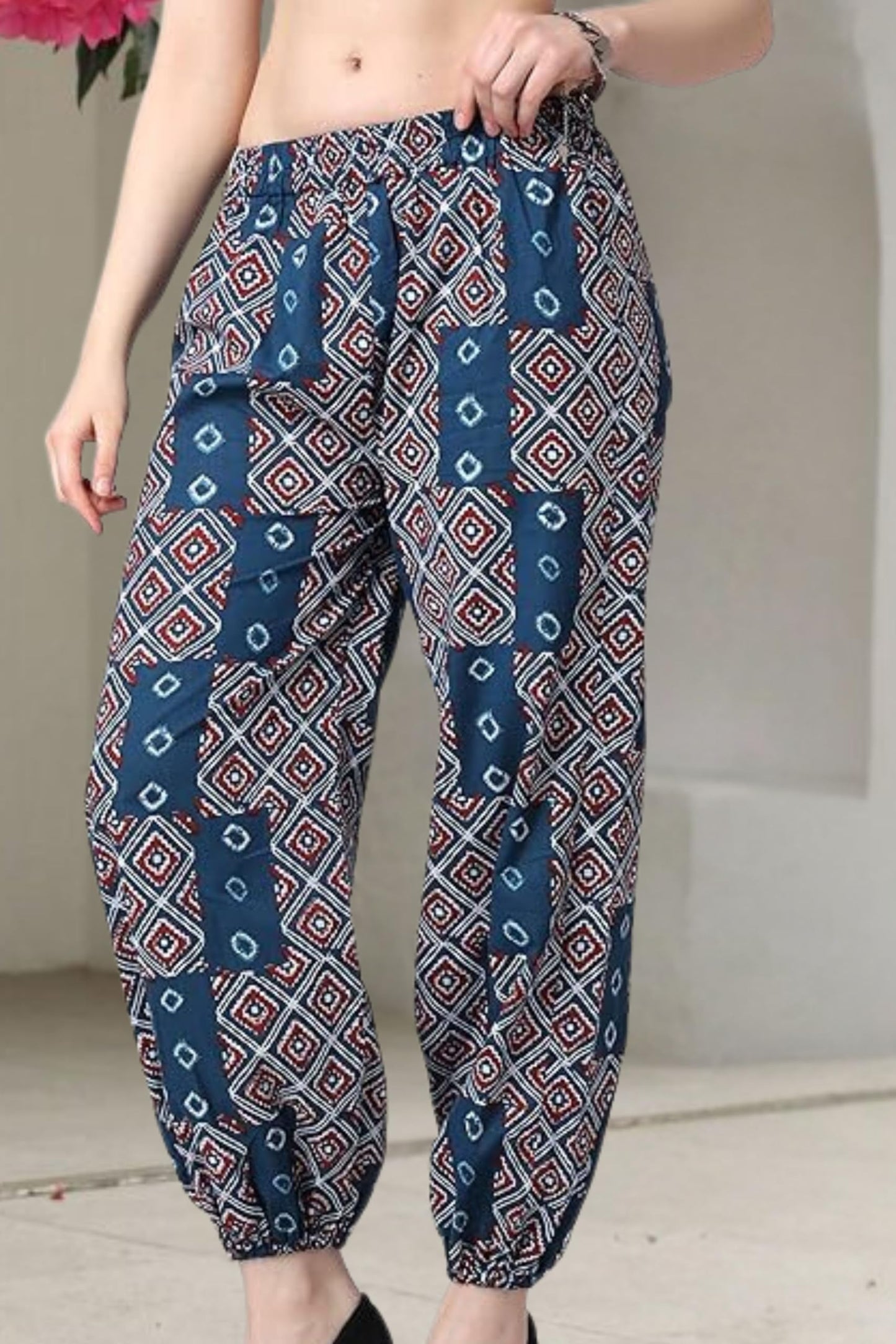 POPWINGS Casual Bagru Printed Cotton Joggers for Women - Latest Stylish Western Summer Pants in Navy Blue