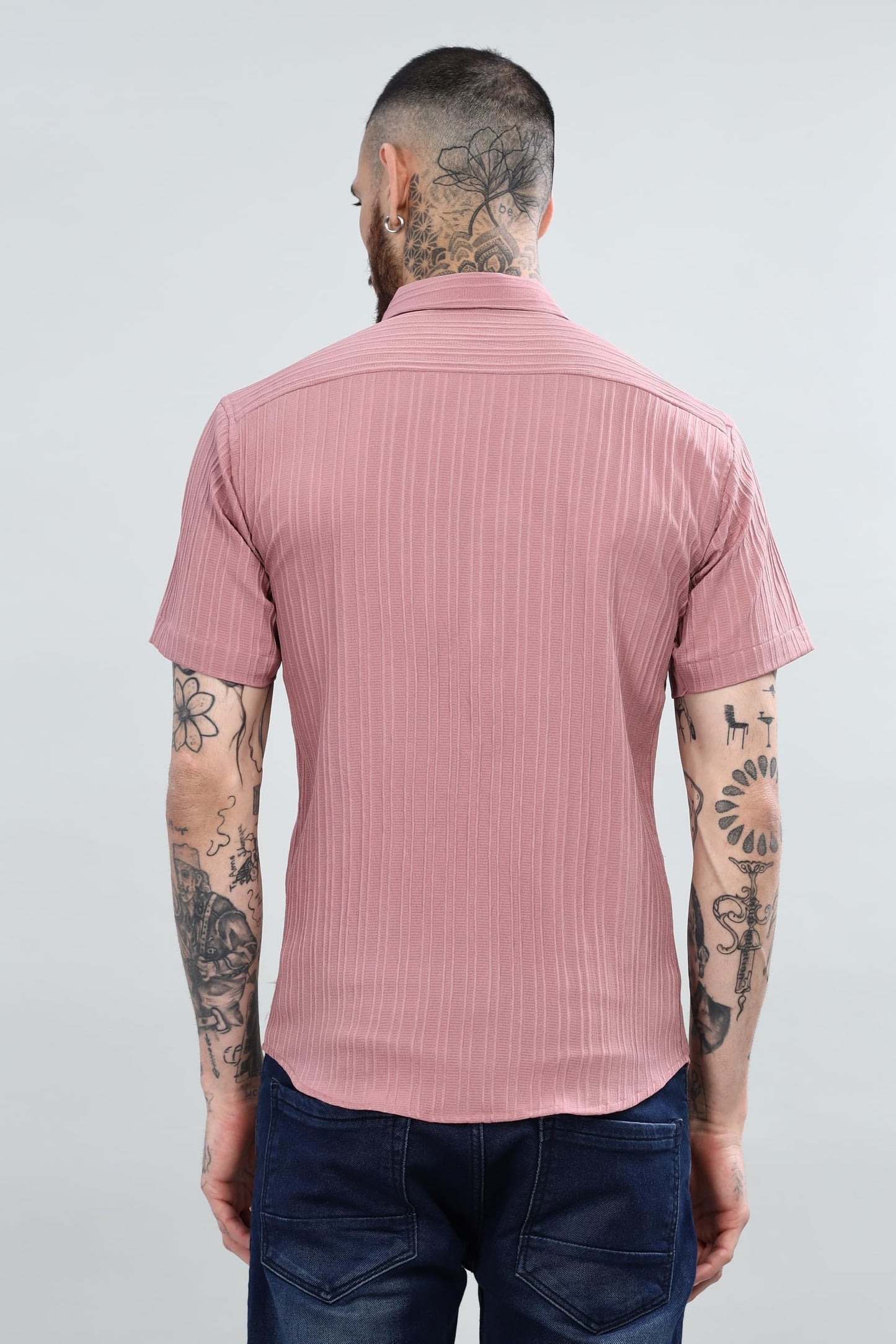 Mildin MenS Cotton Blend Shirt With Self Design Textured Stripes Spread Collar Neck Half Sleeve Western Hip Length | Dusty Pink
