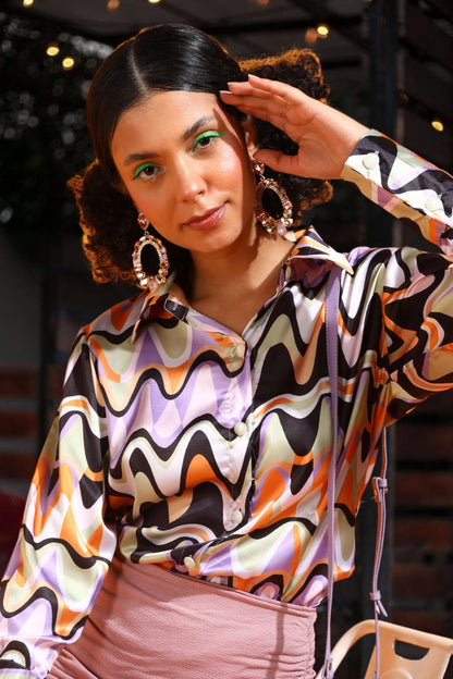 POPWINGS Printed Full-Sleeves Regular-Fit Satin Printed Shirt for Women Stylish Western Casual Wear