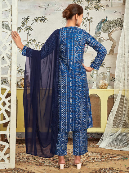 Sanisa Women's Rayon Blend Bandhani Printed Straight Kurta with Pant and Dupatta Set