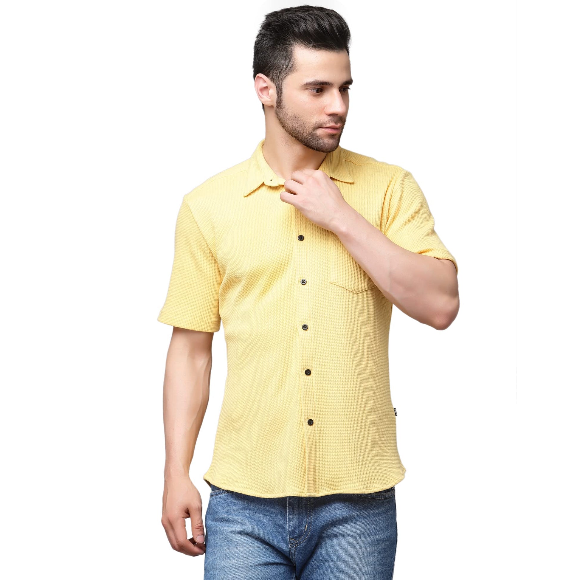 Rigo Waffle Knit Self-Textured Slim Fit Shirt for Mens | Half Sleeve Shirt for Men | Summer Shirts for Men Yellow