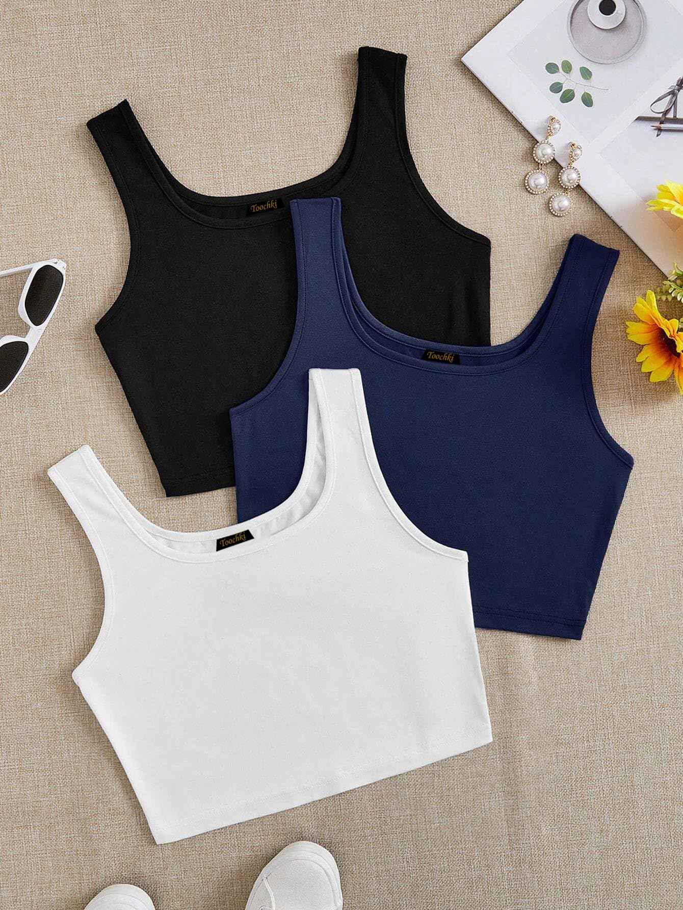 Toochki Top for Women | Spandex | Crop | Black White Grey Blue | Short | Western| Pack of 3 Tops | Black White Grey Blue Combo