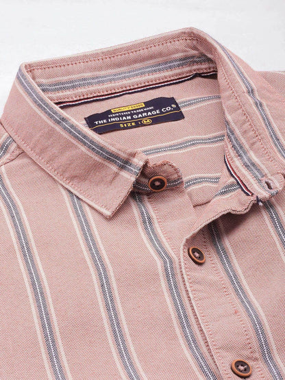 The Indian Garage Co Men Pink Striped Slim Fit Cotton Casual Shirt