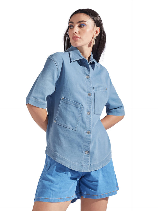 Dolce Crudo Womens Shirt Collar Half Sleeve Asymmetrical Panelled Regular-Length Denim Shirt (Doaw25Den62-78-446-06, Frost Blue,