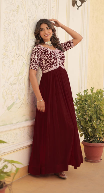 Fashion Basket Georgette Embroidered Anarkali Gown For Women Maroon
