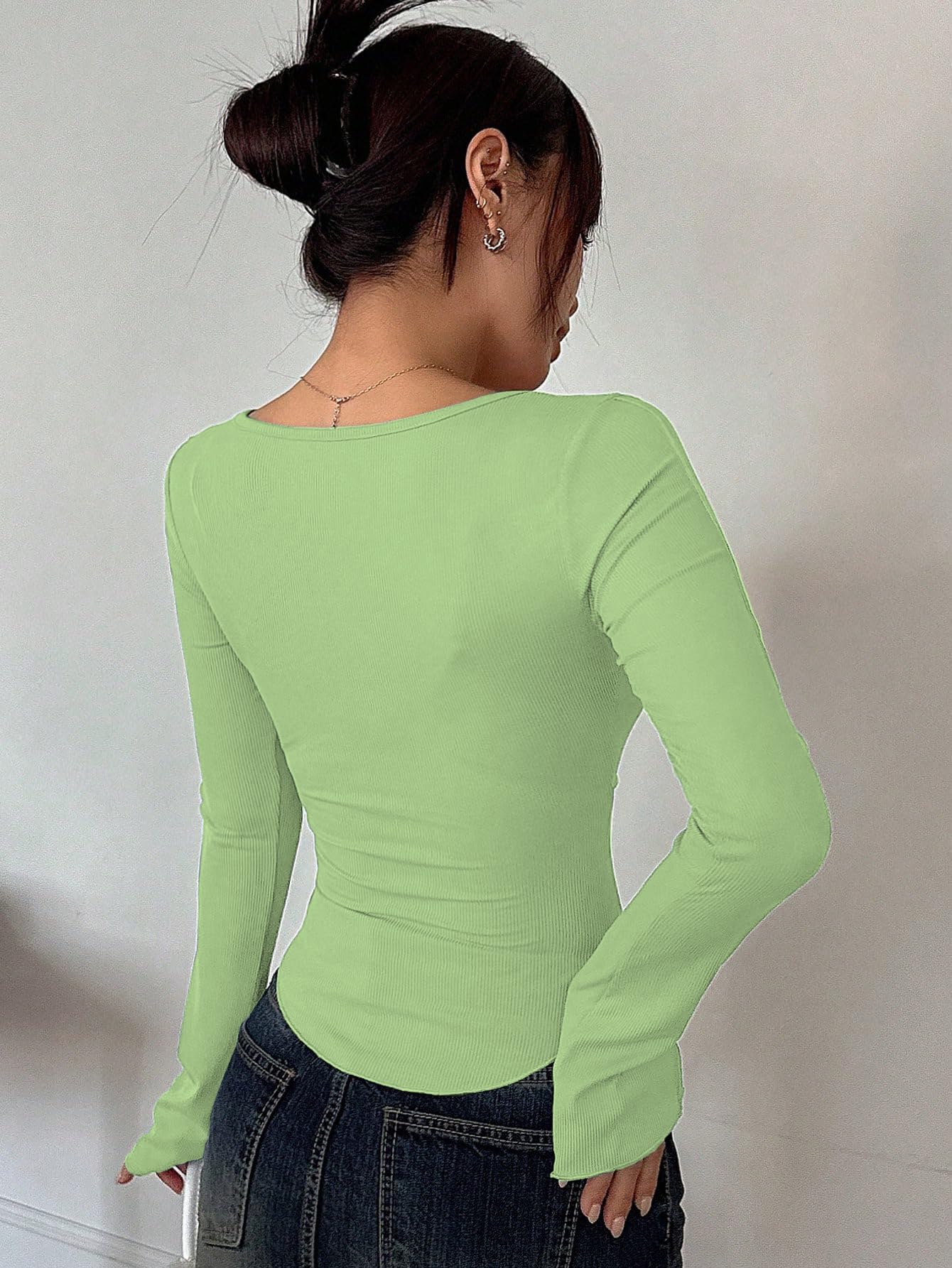 Sugathari Womens Green Solid Long Sleeve Wrap-Style Square Split Crew Neck Bodycon Women T-Shirt Spring and Summer, Minimalist