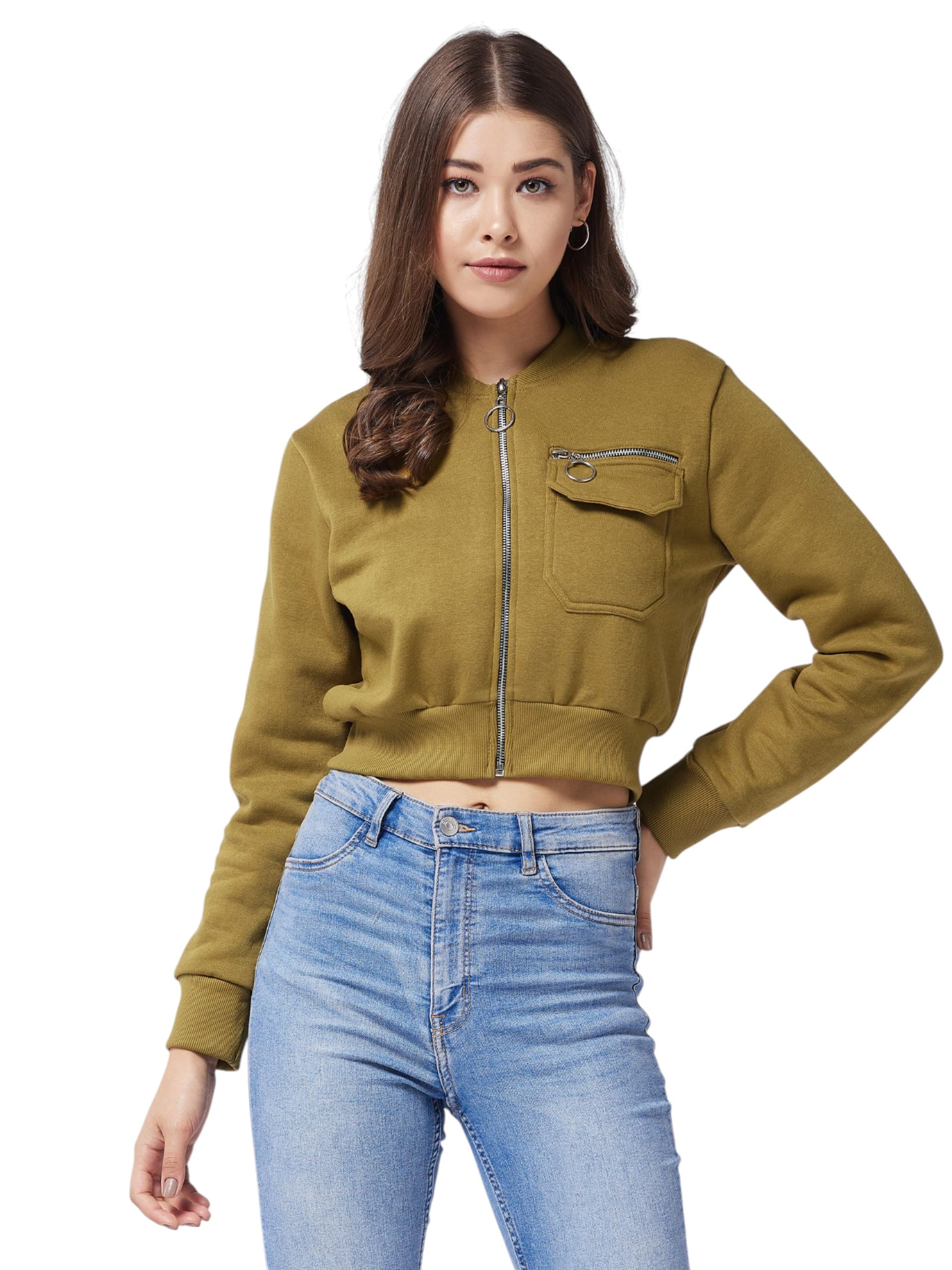Miss Chase Womens Full Sleeve Boxy/Bomber Crop Jacket (MCAW24JKT99-51-187-04, Olive, M)
