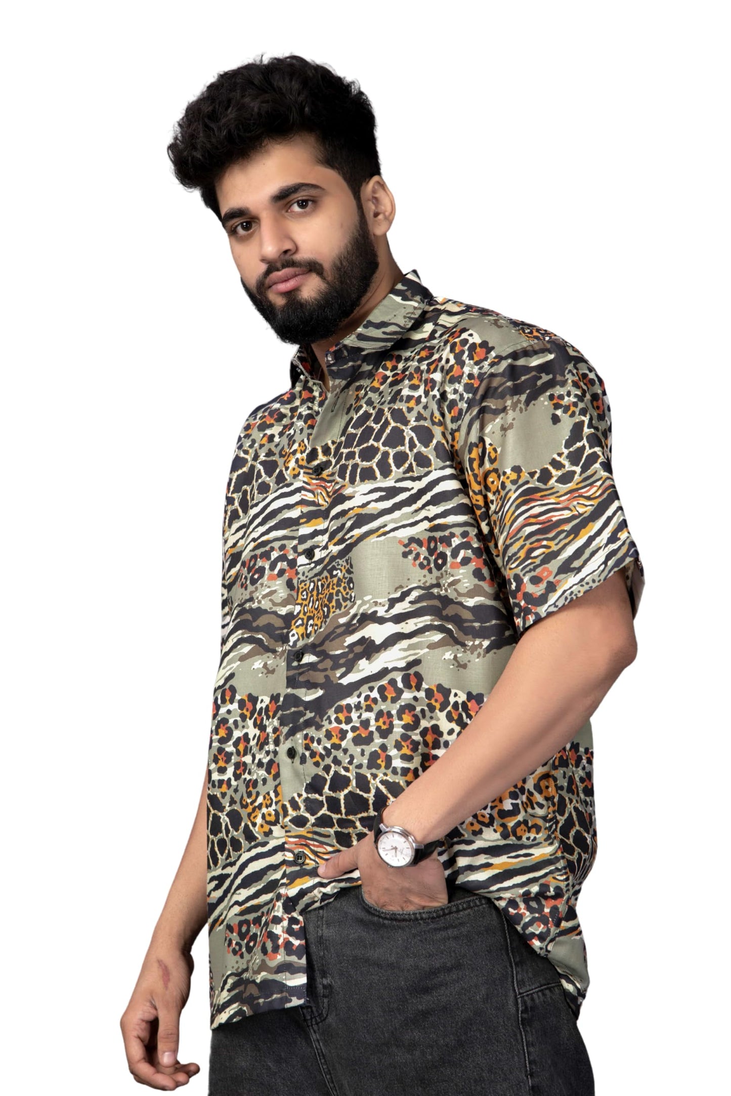 Brown Culture MenS Cotton Blend Abstract Print Shirt With Spread Collared Half Sleeves Standard Length And Button Down Closure