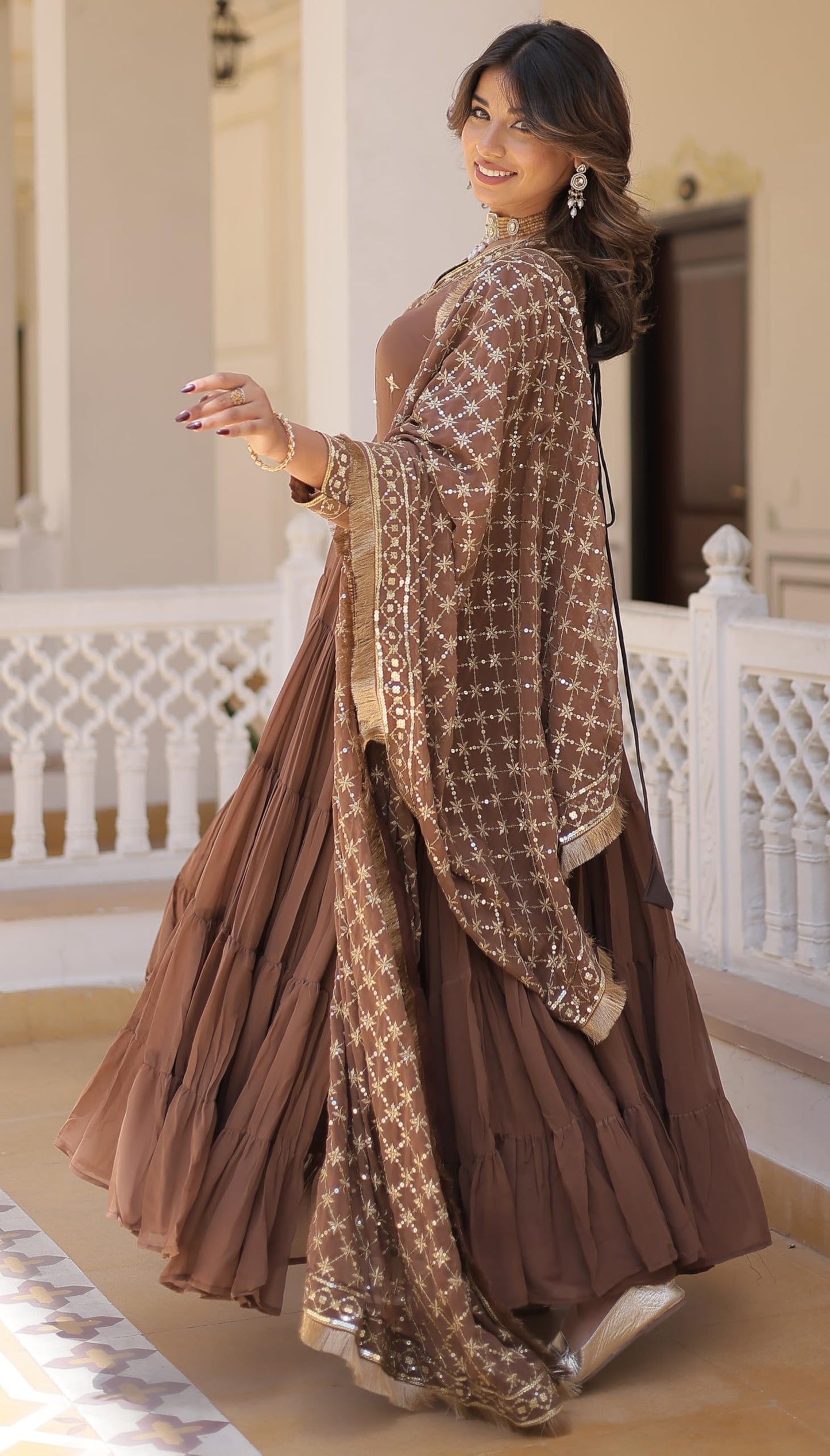 Fashion Basket WomenS Georgette Anarkali Dress Brown