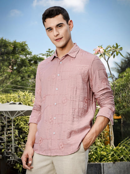 Thomas Scott Self Printed Embriodired Casual Shirt for Men Pink