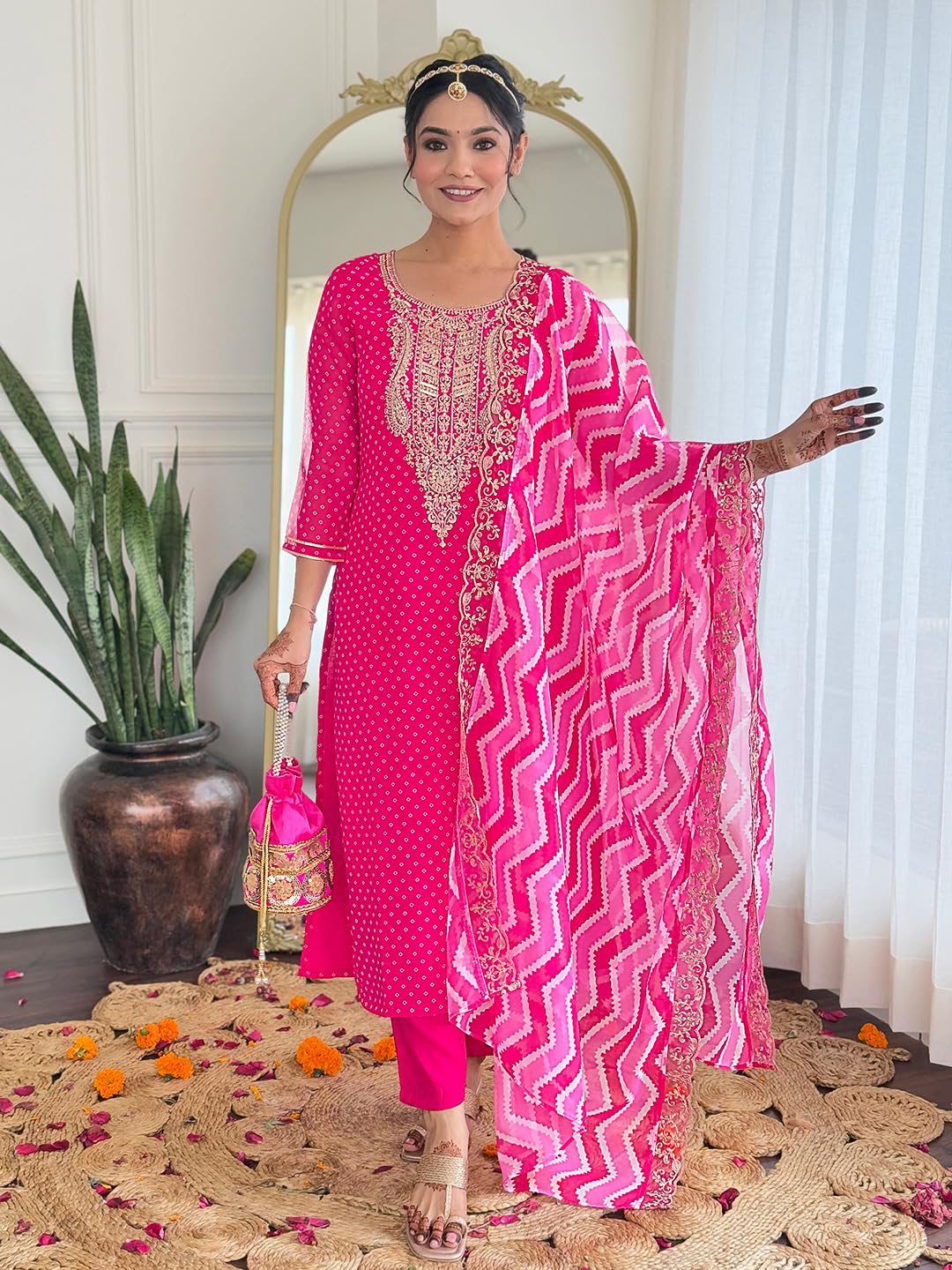 Naixa WomenS Rani Vichitra Silk With Cotton Lining Embroidered And Printed Straight Kurta With Rayon Pant And Taby Laced Dupatt
