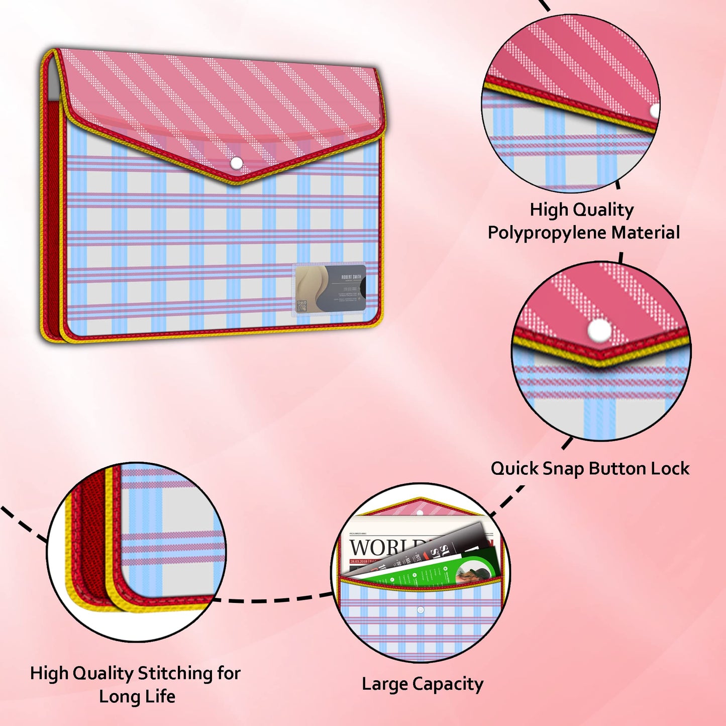 Fedus Documents Holder Envelope Folder, Stylist Printed File Storage Bag With Snap Button Transparent Plastic File For Documents