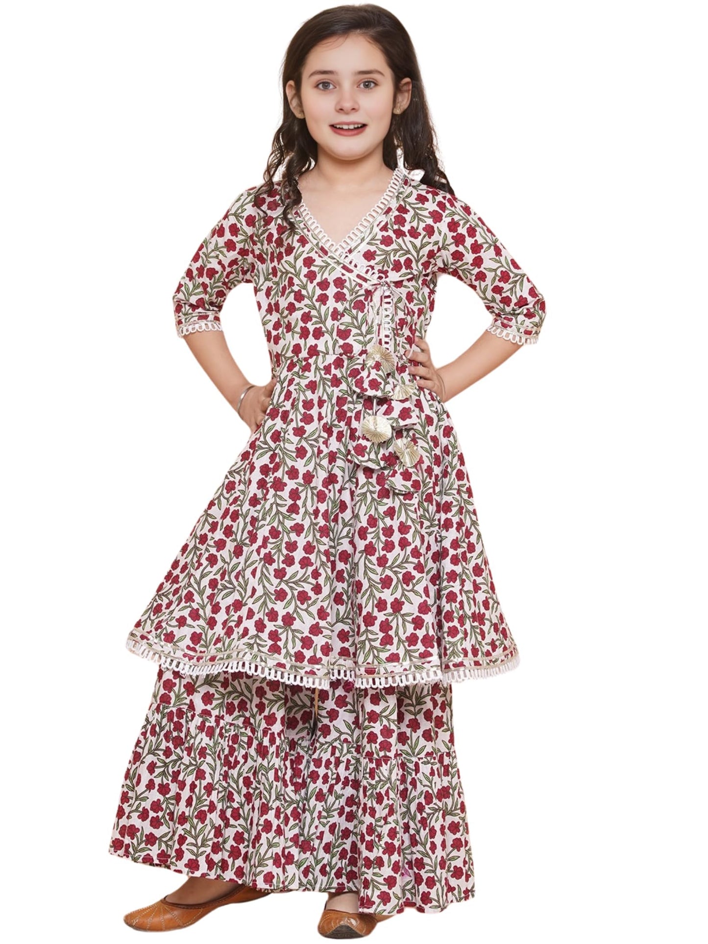 Naixa Girls Brown Rayon V Neck 3/4 Sleeve Flared-Fit Printed Kurta And Sharara With Dupatta Set | Traditional Printed Salwar Sui