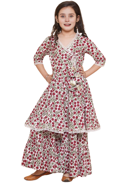 Naixa Girls Brown Rayon V Neck 3/4 Sleeve Flared-Fit Printed Kurta And Sharara With Dupatta Set | Traditional Printed Salwar Sui